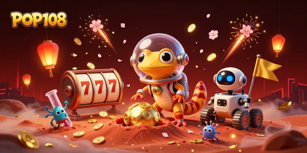 Engage in POP108's vibrant casino scene featuring a Martian gecko and dynamic gaming elements.