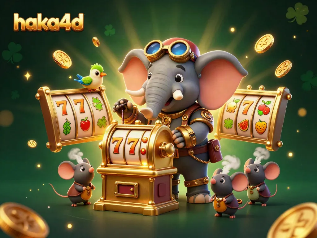 Experience thrilling wins with haka4d's animated slot machine and steampunk characters in this vibrant casino scene.