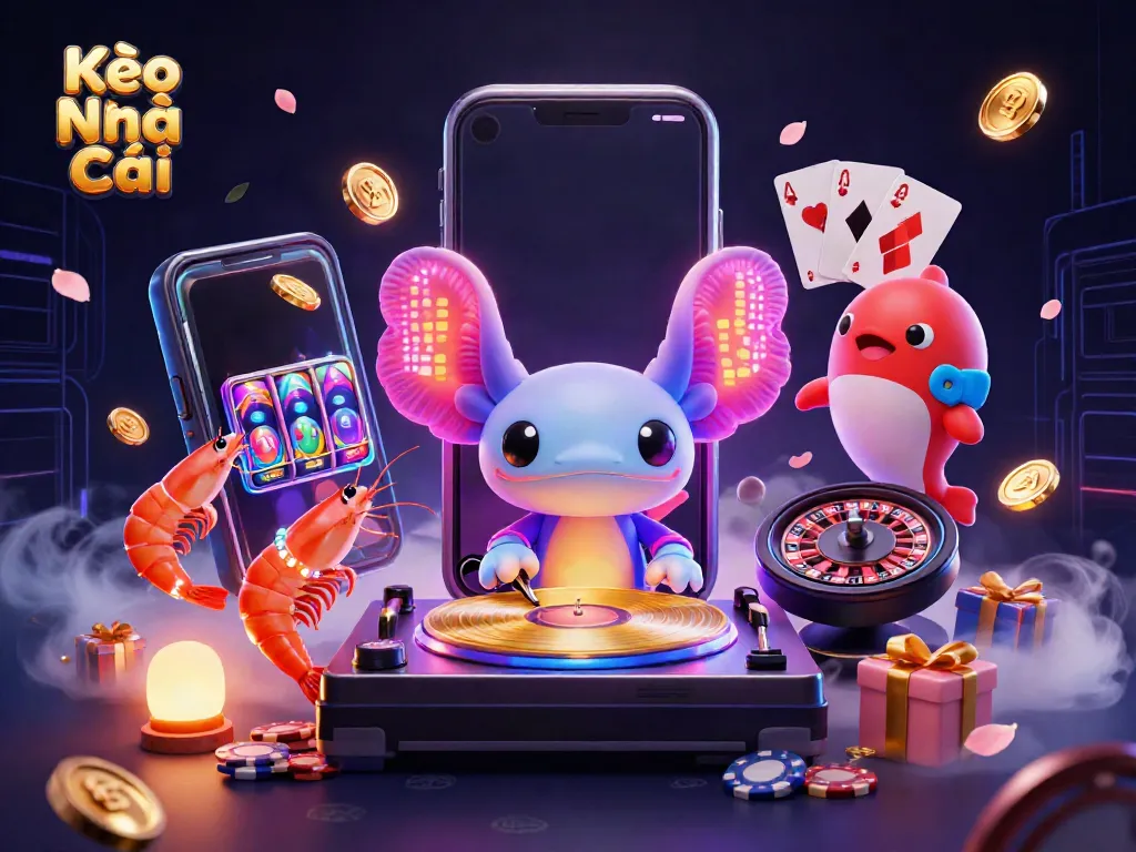 Engage with Kèo Nhà Cái in a vibrant underwater casino scene featuring a neon axolotl DJ and dynamic game elements.