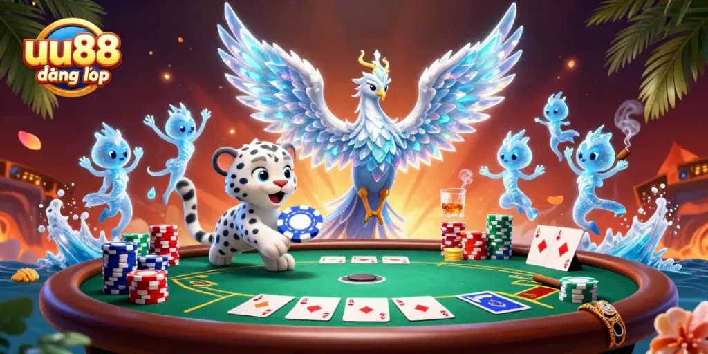 Engage in thrilling gameplay with uu88 đăng nhập, featuring an ice phoenix and poker elements.