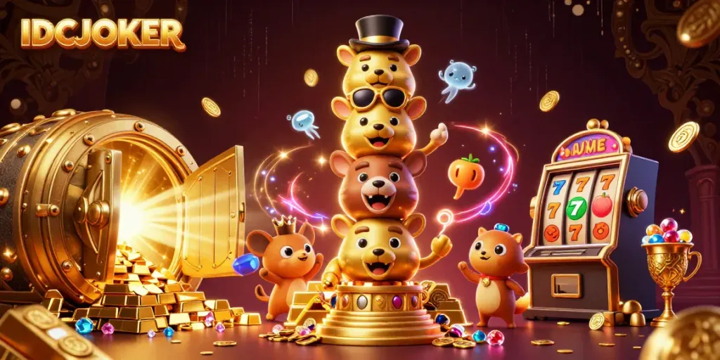 Engage with IDCJOKER in a dynamic casino world featuring a golden totem and vibrant slot elements.