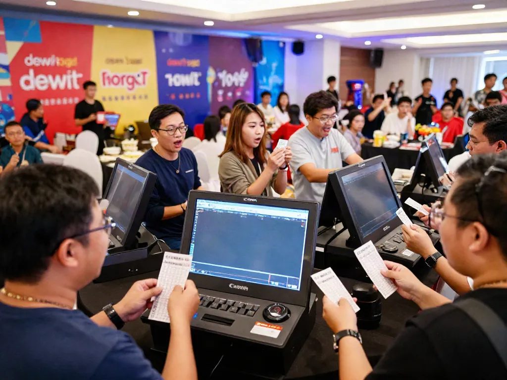 Acara undian digital dewitogel dengan peserta bersemangat memeriksa tiket dan hasil.