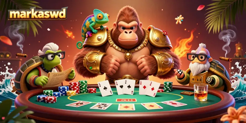 Markaswd gorilla king and friends engage in dynamic casino action with poker chips and cards.