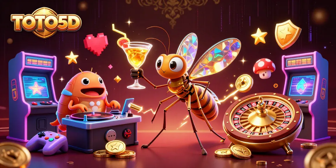 TOTO5D erleben: Neon-beleuchtete Casino-Szene mit einem Mosquito-Maskottchen und einem DJ, die für aufregende Spiele sorgen.