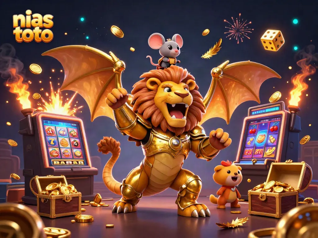 Ilustrasi 3D menampilkan nias toto dengan chimera, mesin slot, dan elemen jackpot berkilauan.