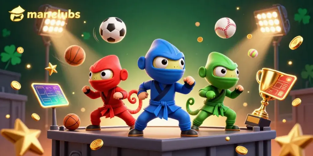 Experience thrilling action with manclubs' ninja chameleons in a vibrant 3D gambling scene.