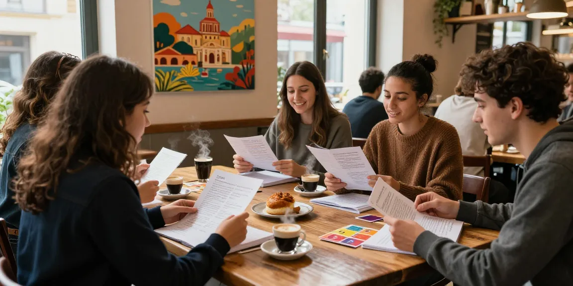 Italian language learners enjoying a lively discussion in a café with books, enhancing their skills in toto togel.