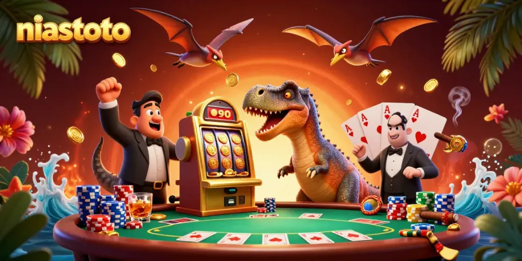 Experience thrilling wins with niastoto as dinosaurs engage in a colorful casino showdown.