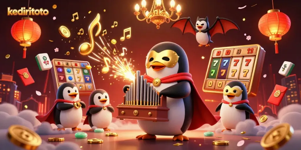 Kediritoto showcases an exciting 3D scene featuring a penguin playing a golden organ amid joyful gaming elements, embodying vibrant casino energy.