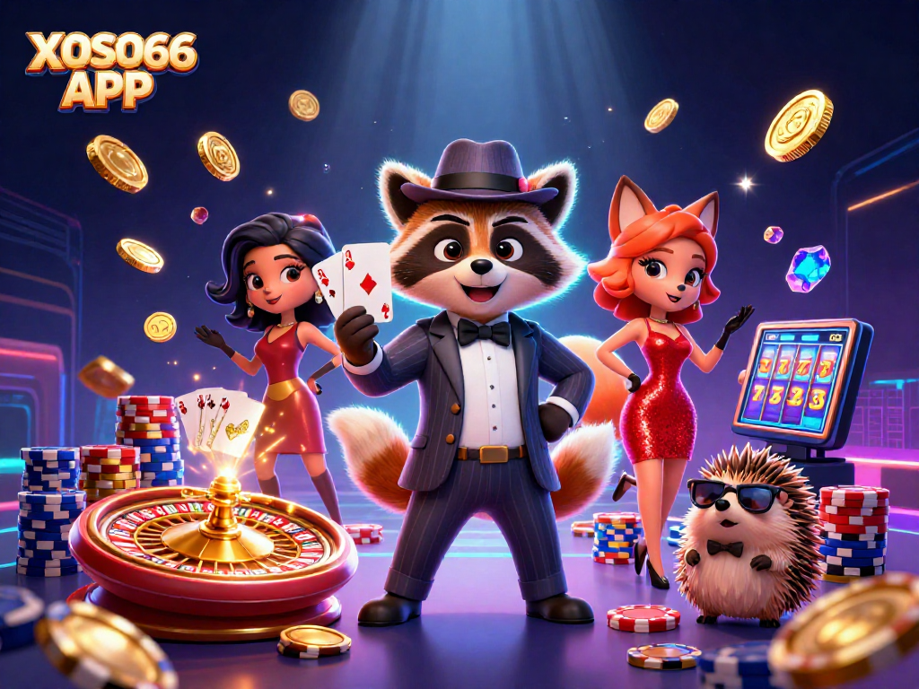 Experience the thrilling XOSO66 APP with raccoon, fox, and hedgehog in a vibrant casino scene.