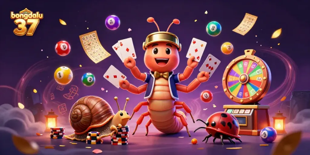 Bongdalu 37 showcases a vibrant scene with a millipede dealer and high-roller snail, merging gambling excitement.