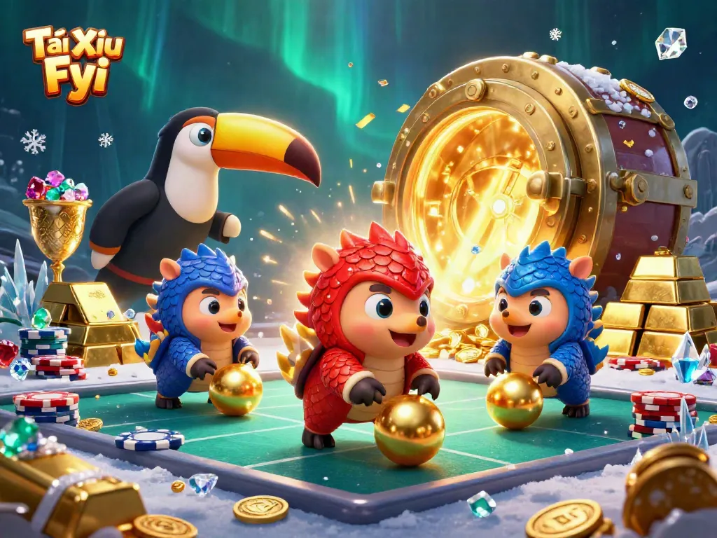 Engage in the action of Tài Xỉu Fyi with dynamic pangolins rolling through golden balls surrounded by vibrant casino elements.