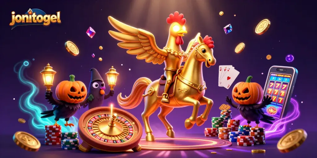Experience exciting gameplay with jonitogel as golden rooster rides a spectral horse among vibrant casino elements.