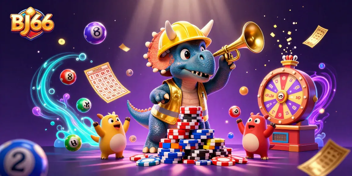 Experience the excitement of BJ66 as the triceratops builds a poker chip pyramid amid festive casino elements!
