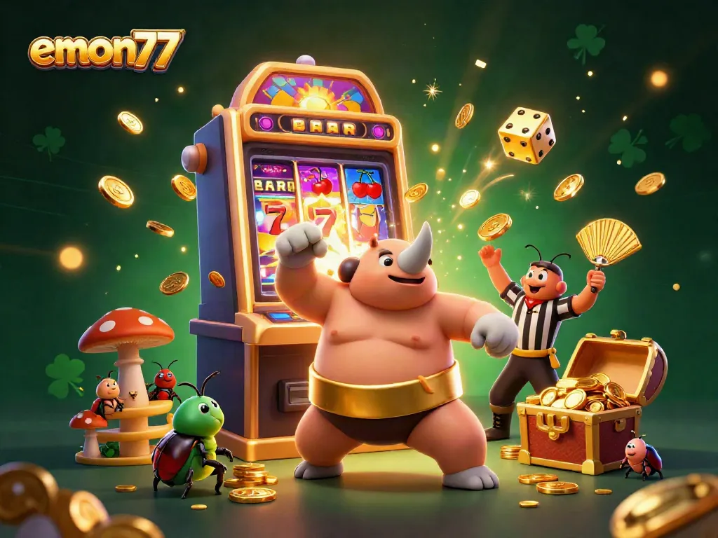 Experience exciting gaming with emon77 as golden coins fly and a jackpot explodes.