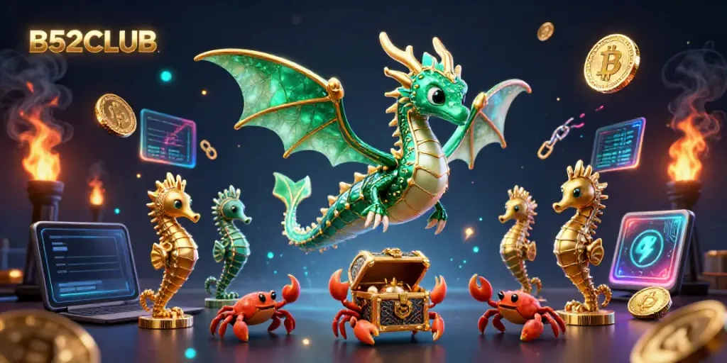 Engage with B52CLUB's vibrant casino scene featuring a majestic sea dragon and crypto elements.