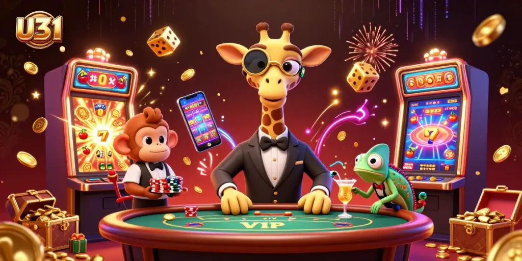 Experience thrilling casino excitement with U31's high-roller scenes featuring giraffes, monkeys, and vibrant game elements.