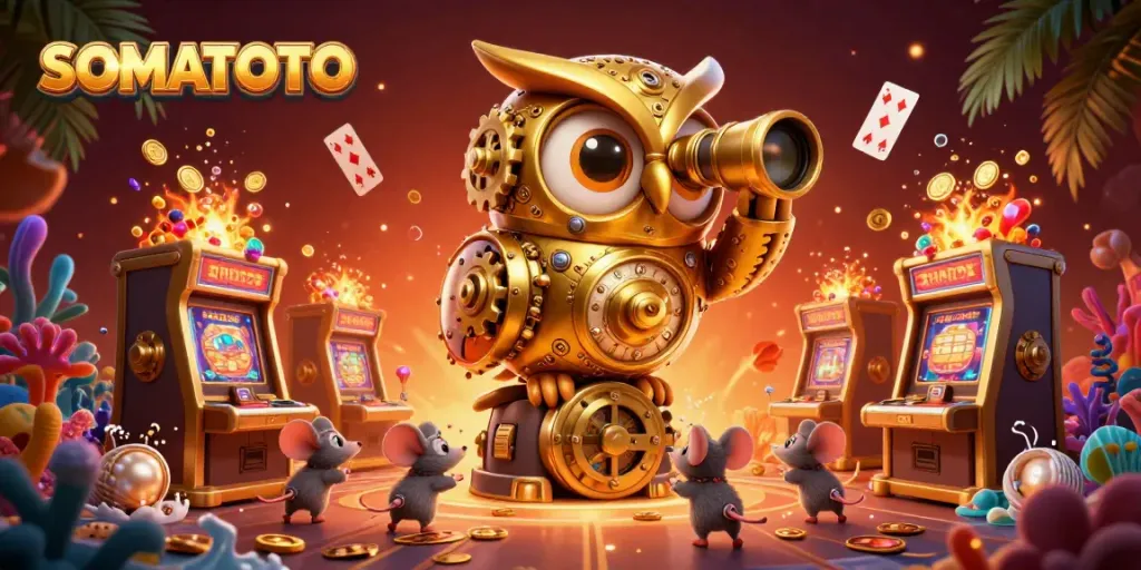 Experience excitement at SOMATOTO with golden owl overseeing the vibrant casino floor, treasure, and lively characters.