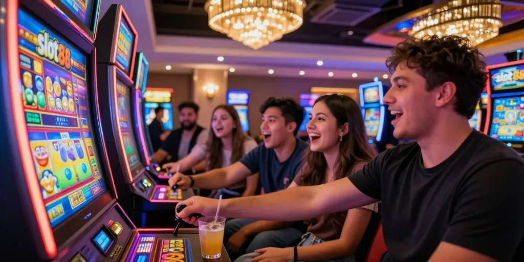 Excitement at a slot88 gaming machine in a vibrant casino with friends enjoying the experience.