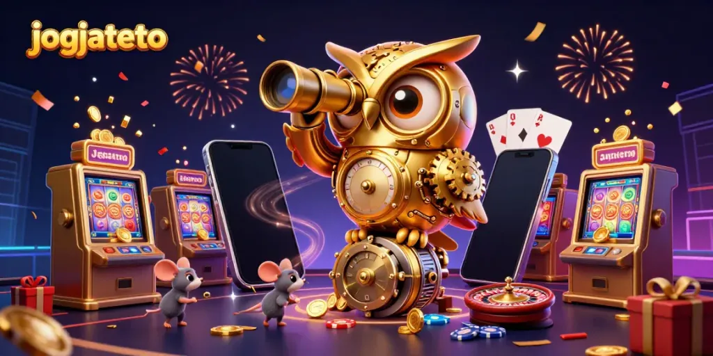 Experience the excitement of jogjatoto with a vibrant 3D casino scene featuring spinning slot games and golden coins.