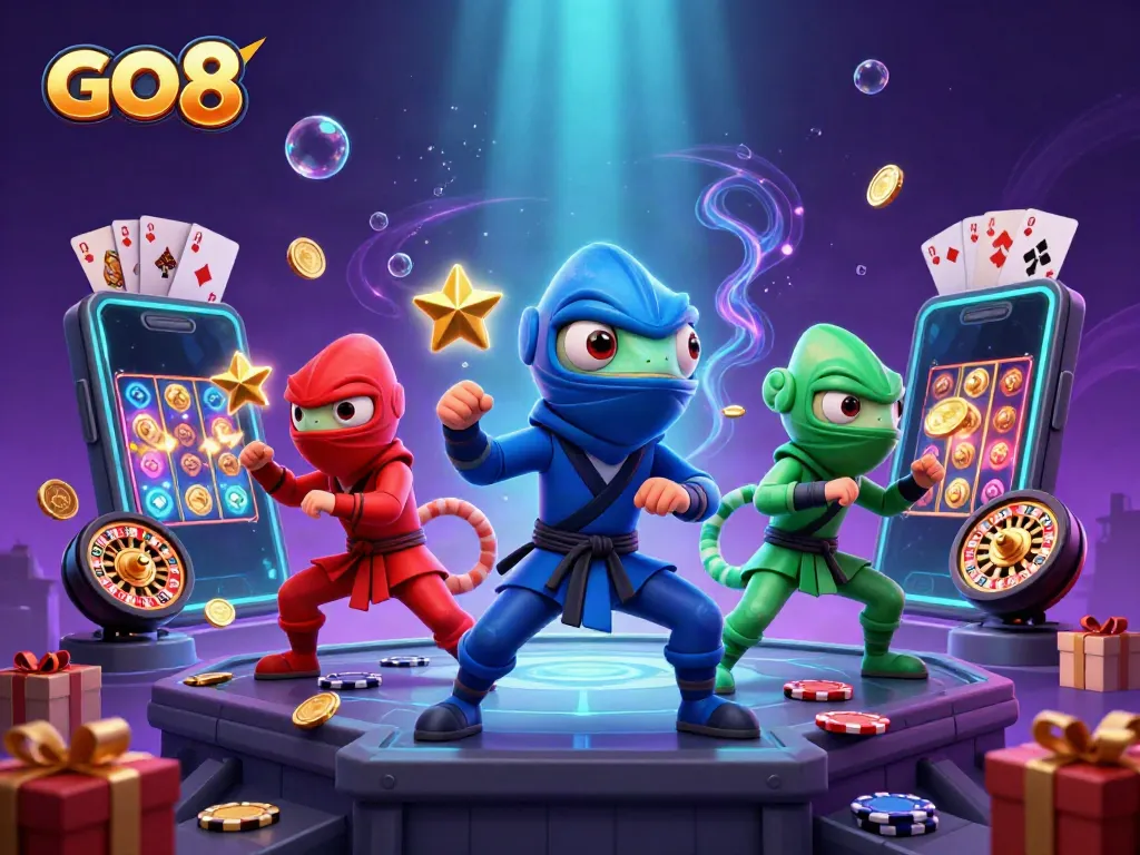 GO 8 chameleons showcasing martial arts amidst vibrant casino elements for thrilling gambling excitement.