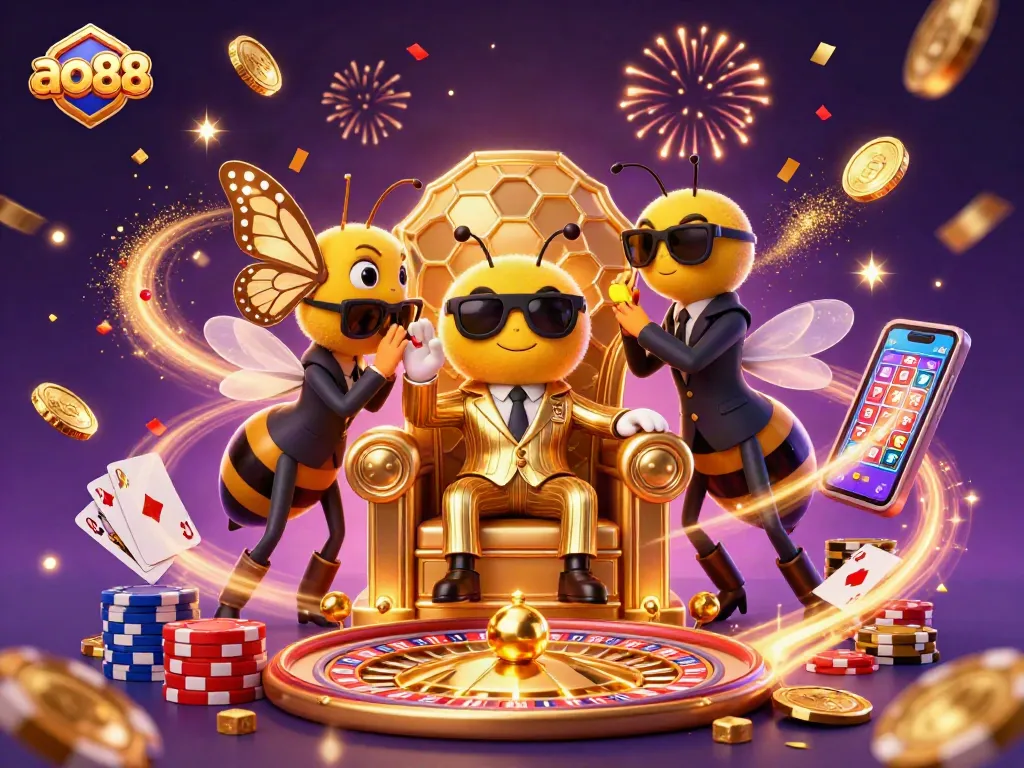 Engage with exciting casino games and promotions at ao88, featuring vibrant characters and dynamic gambling elements.