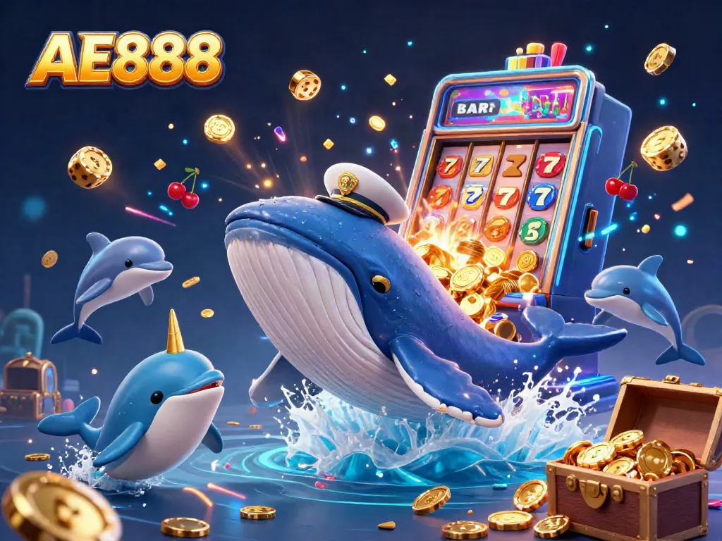 Experience the exciting world of AE888 with a cartoon whale breaching in coins amidst a thrilling casino scene.