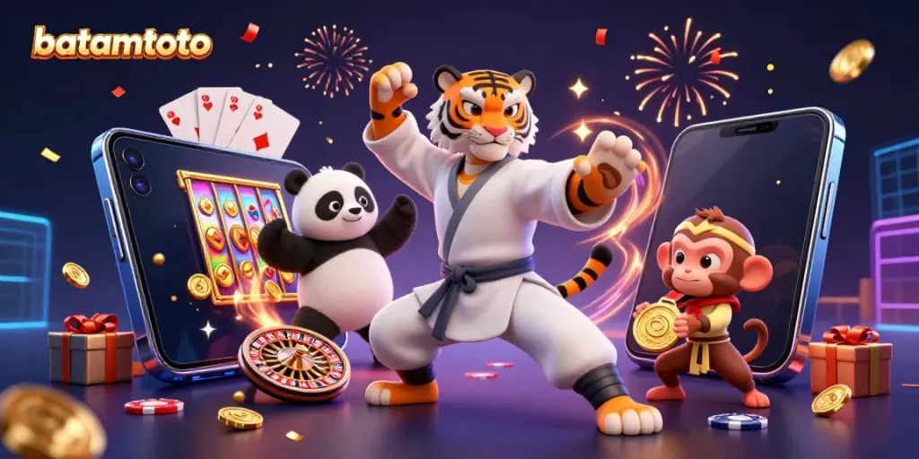 Experience batamtoto's dynamic casino action with a kung fu tiger, panda disciple, and monkey student amidst vibrant gaming elements.