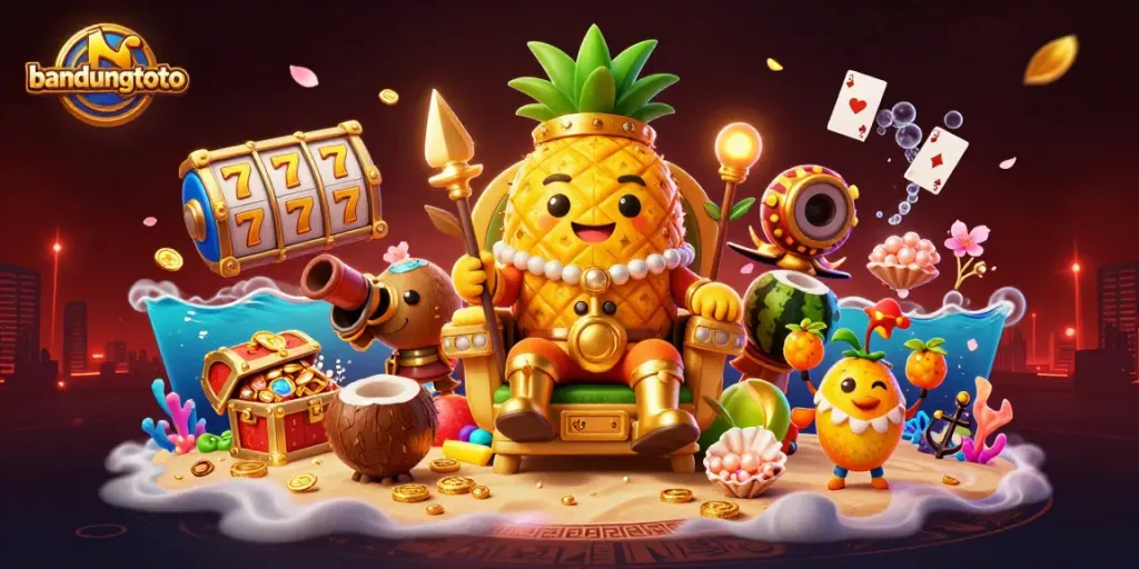 Experience the excitement of bandungtoto with a vibrant casino scene featuring the golden pineapple king and dynamic game elements.