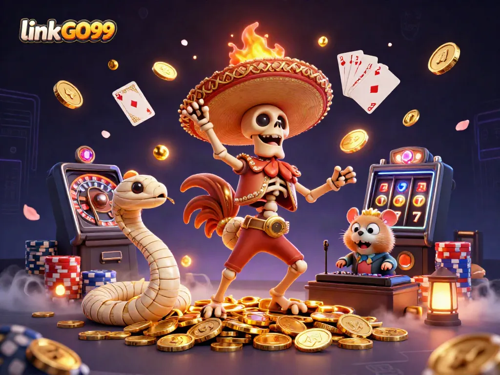 Engage with the vibrant gaming atmosphere at link GO99, featuring casino characters in dynamic celebration.