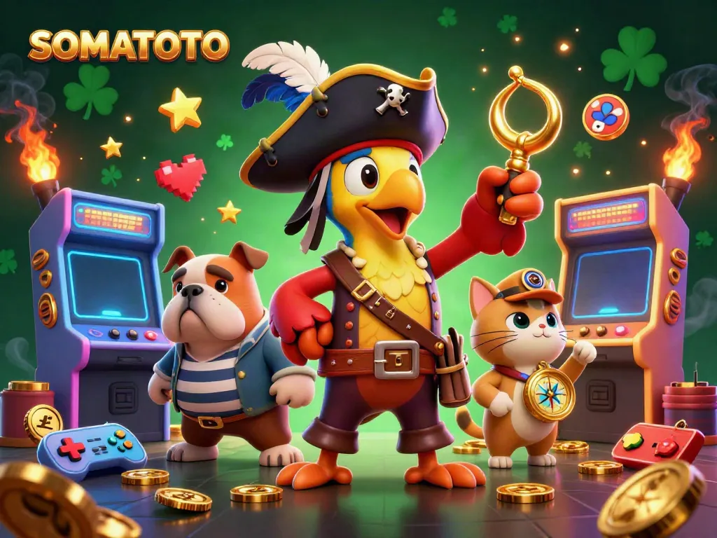 Engage with the thrilling world of SOMATOTO through this vibrant illustration featuring a pirate captain and gaming elements.