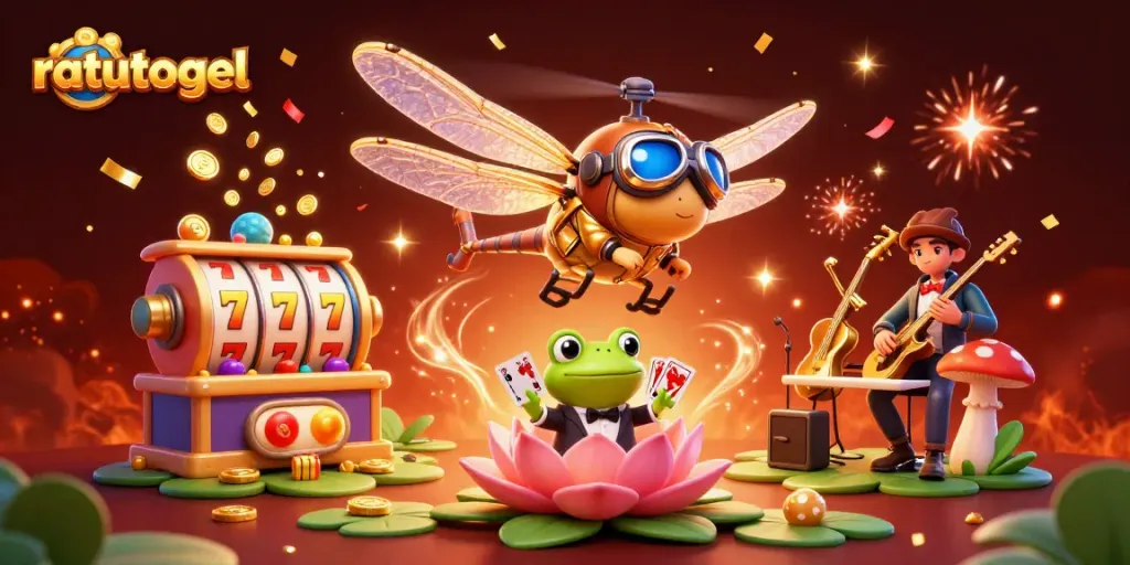 Experience exciting ratutogel action with a vibrant casino scene featuring a dragonfly pilot, frog croupier, and slot reels.
