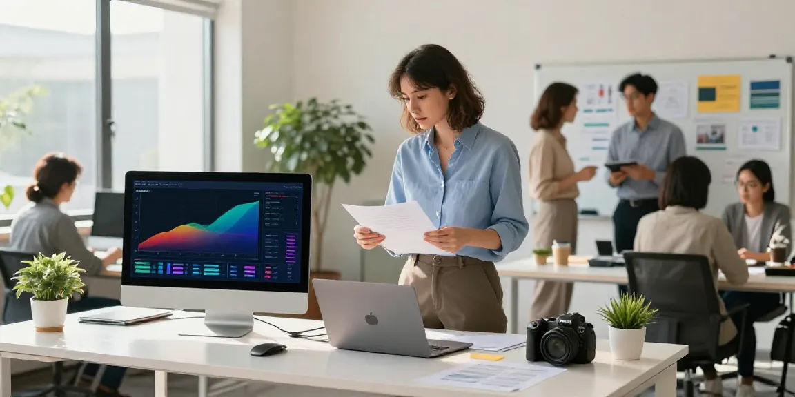 Gambar profesional bisnis menggunakan laptop sambil berdiskusi di kantor modern dengan grafik dan data analisis. alexistoto