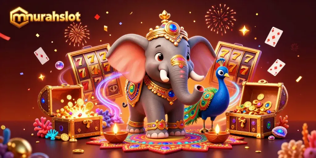 Experience the vibrant world of murahslot with a joyous 3D casino illustration featuring a Diwali-themed elephant and peacock.