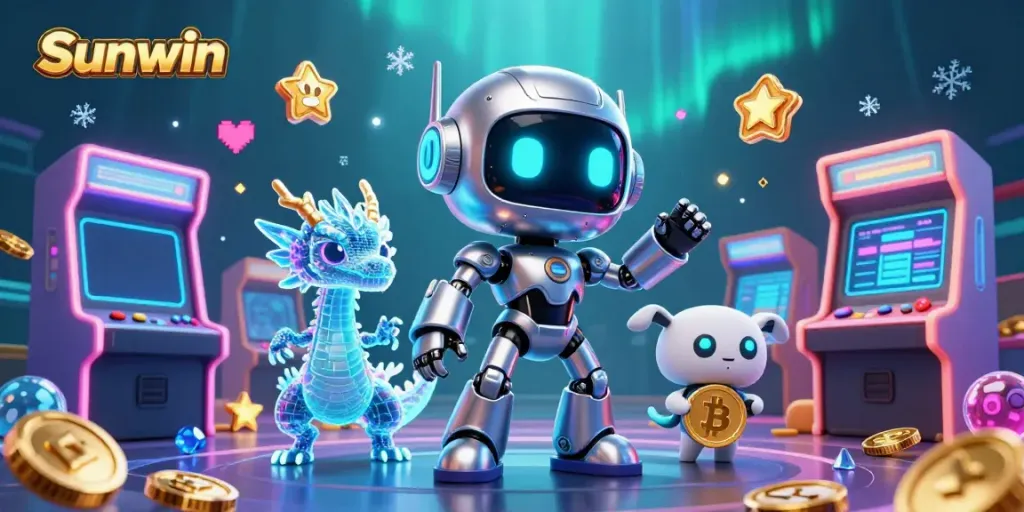 Engage in thrilling gaming experiences at Sunwin with captivating visuals of a cyberpunk mascot and game elements.