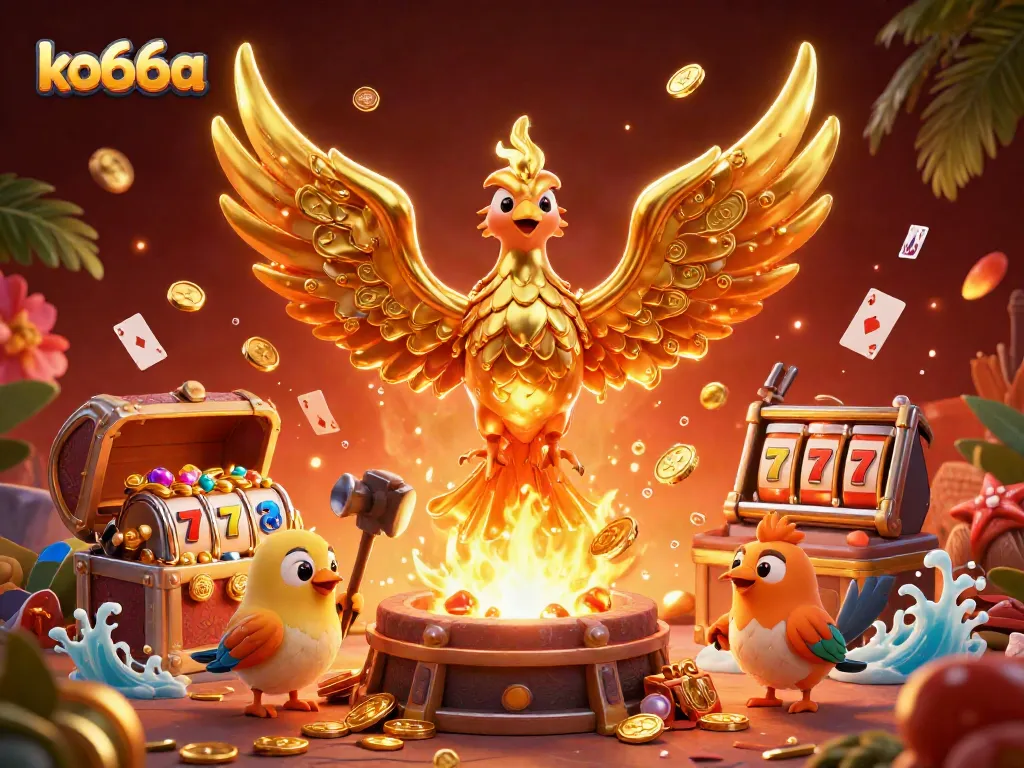 Experience the thrill at ko66a with a golden phoenix and vibrant casino elements in a dynamic scene.