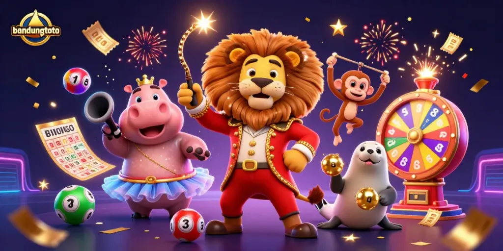 Experience the vibrant energy of bandungtoto with playful characters and dynamic game elements in a thrilling casino scene.