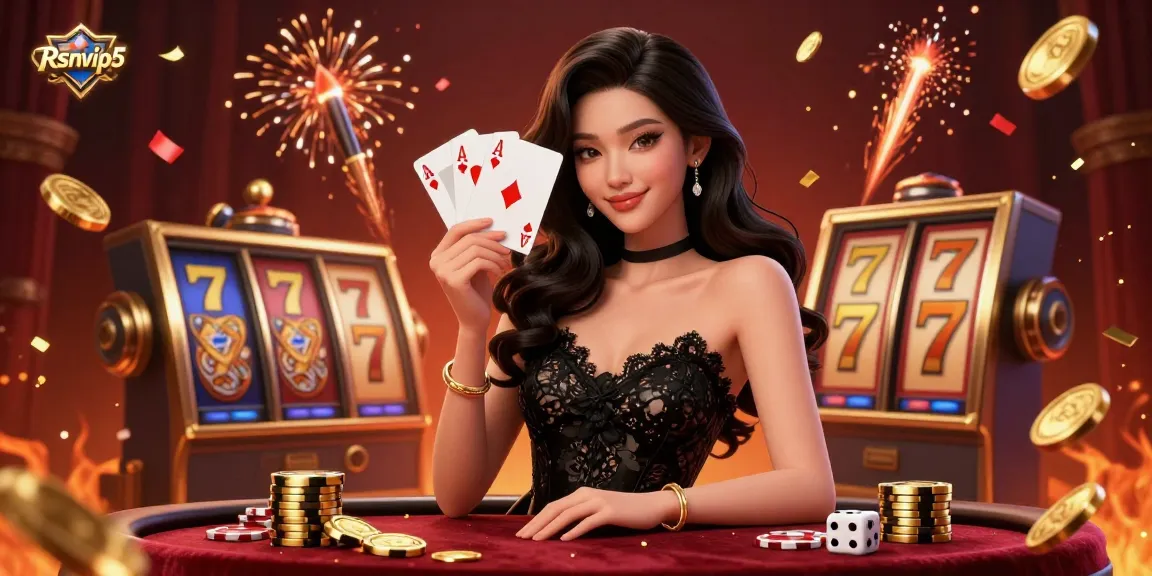 Rasakan permainan mendebarkan dengan Rsnvip5, menampilkan kartu poker berisiko tinggi dan elemen kasino yang cerah.