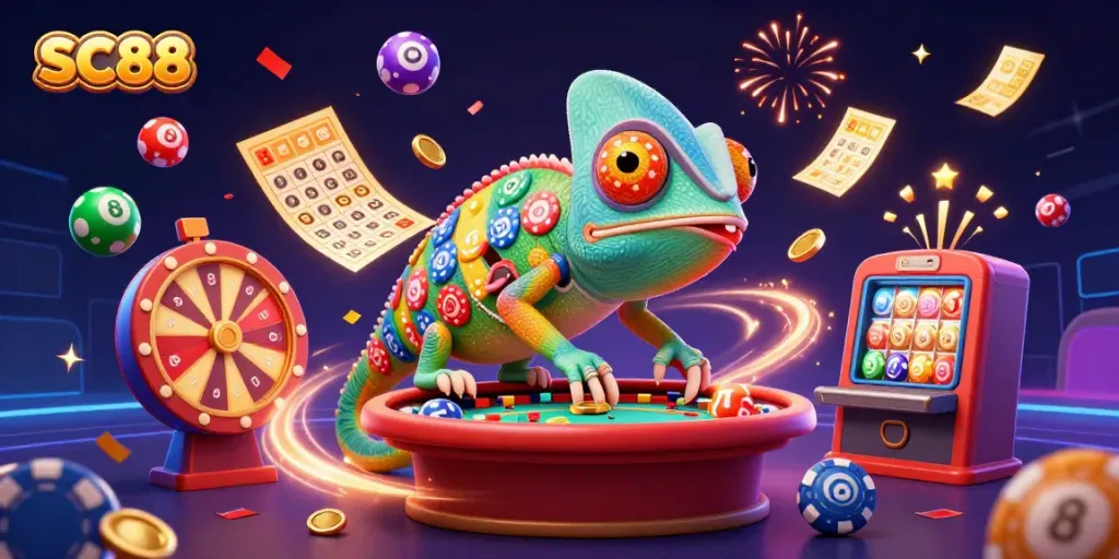 Engage in thrilling SC88 gambling activity with colorful lottery elements and a dynamic chameleon casino owner.