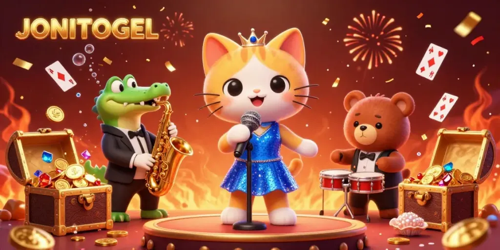 Experience the thrill of JONITOGEL with a vibrant 3D illustration of casino fun featuring animated characters.