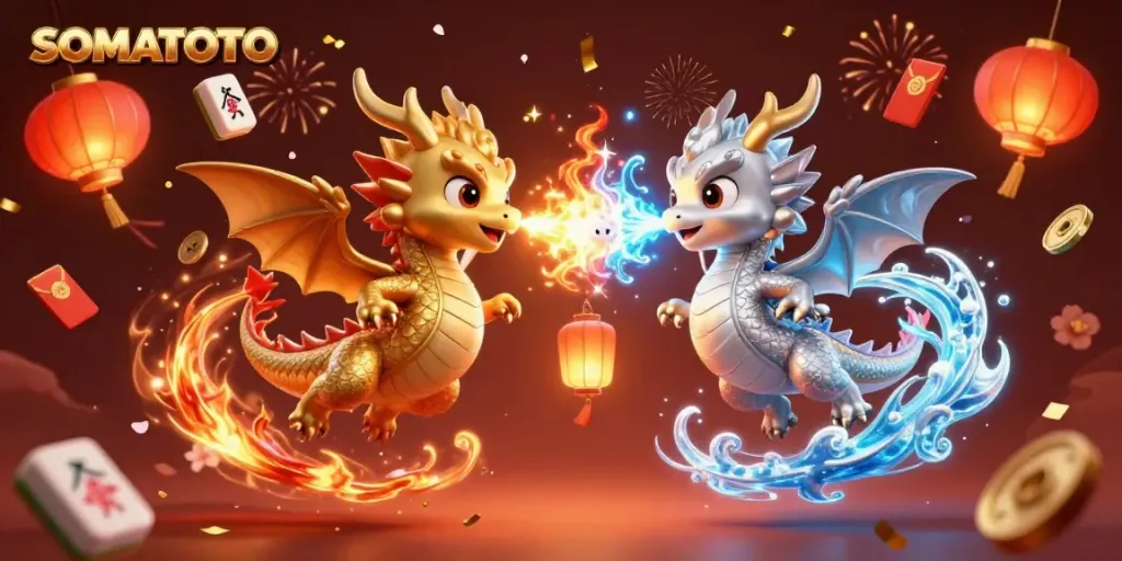 Experience exciting gameplay at SOMATOTO with twin dragon characters amid dynamic casino elements.