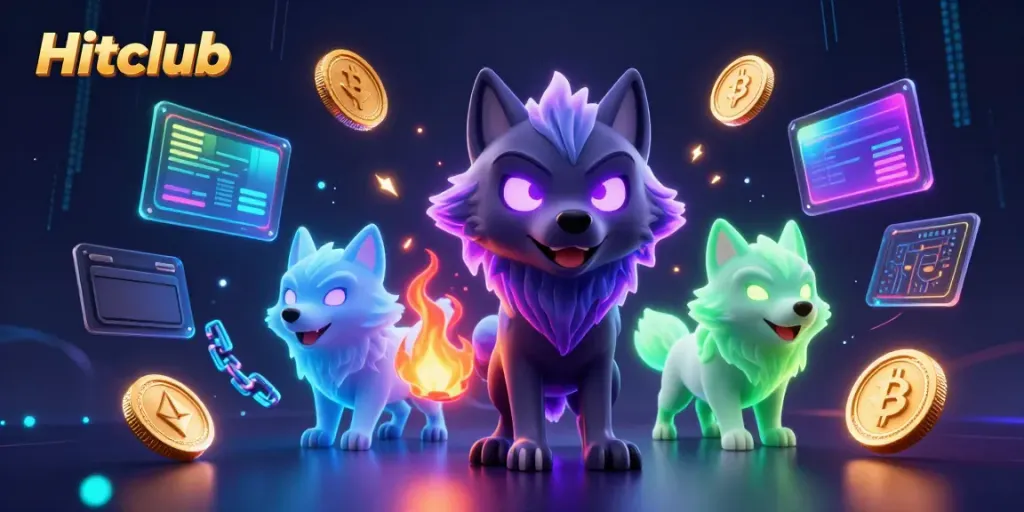 Engage with Hitclub's thrilling dynamic scene featuring shadow wolves and cryptocurrency elements.