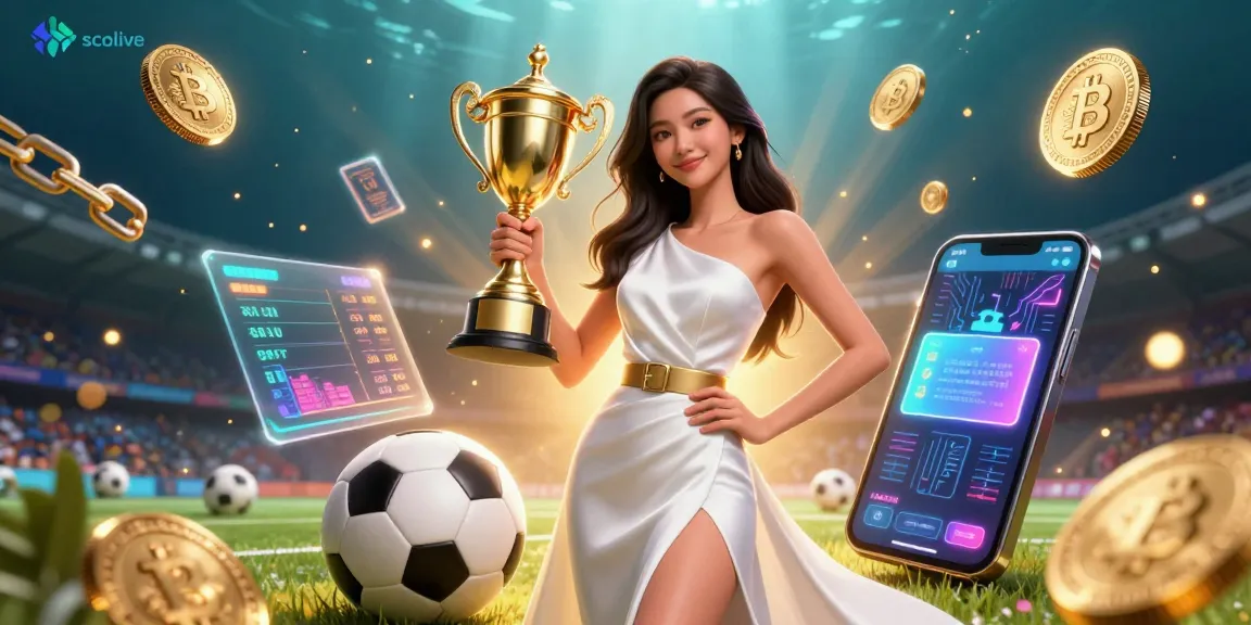 Socolive showcases a triumphant woman holding a trophy, surrounded by soccer and crypto elements, highlighting sports betting.