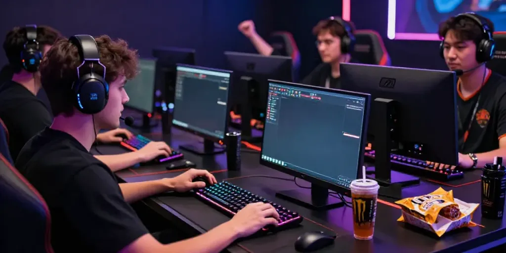 Gamer beraksi di arena esports dengan perangkat gaming canggih dan suasana kompetitif, terkait dengan alexistoto.