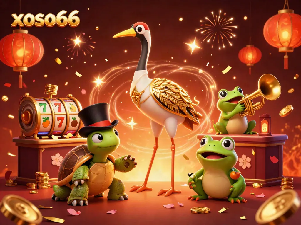 Spin the reels at xoso66, a lively 3D casino scene filled with vibrant slot machines and cartoon characters.