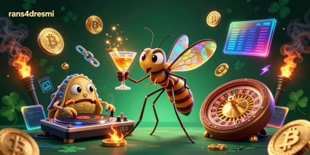 Taruhan di RANS4D: ilustrasi 3D yang menampilkan unsur kasino dan cryptocurrency yang energik.