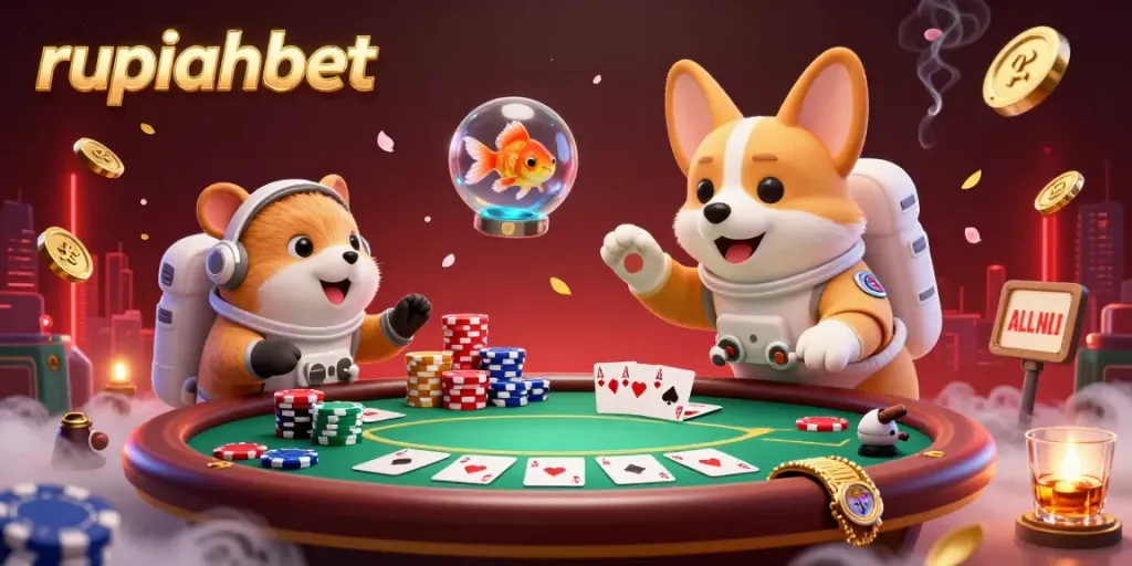Experience the excitement of anti-gravity gaming at rupiahbet with colorful poker elements and animated characters.