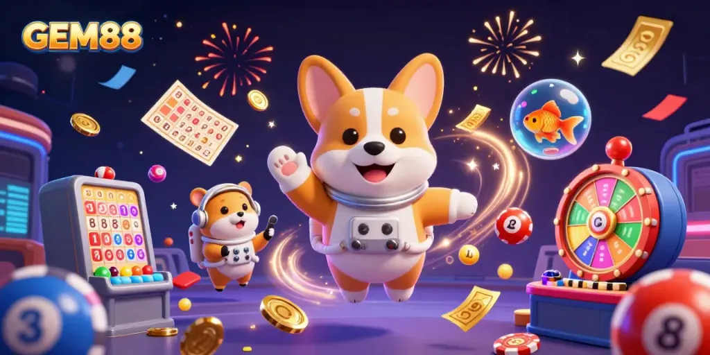 Experience the immersive world of GEM88 with floating characters in a vibrant casino scene.