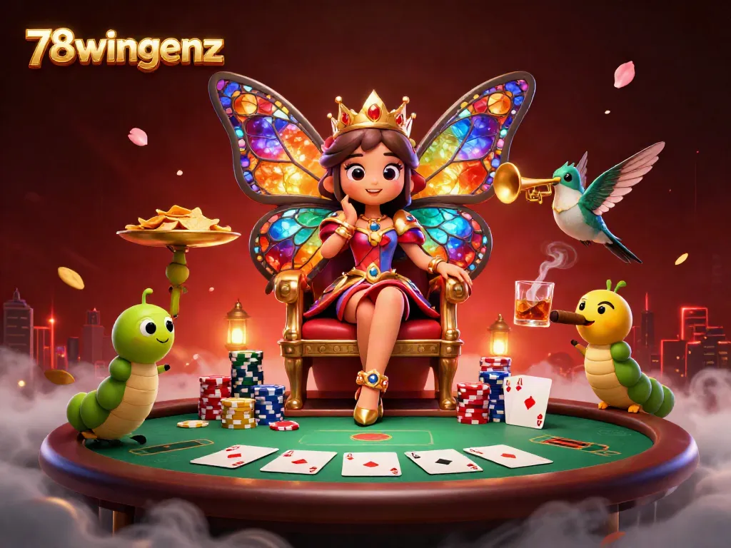 Engage in thrilling gameplay at 78wingenz with a vibrant casino atmosphere featuring an artistic butterfly queen.