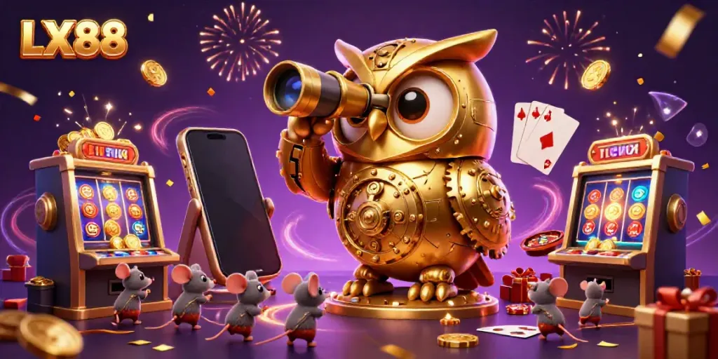 Experience the thrill of gaming at LX88 with an owl overseeing a bustling casino floor
